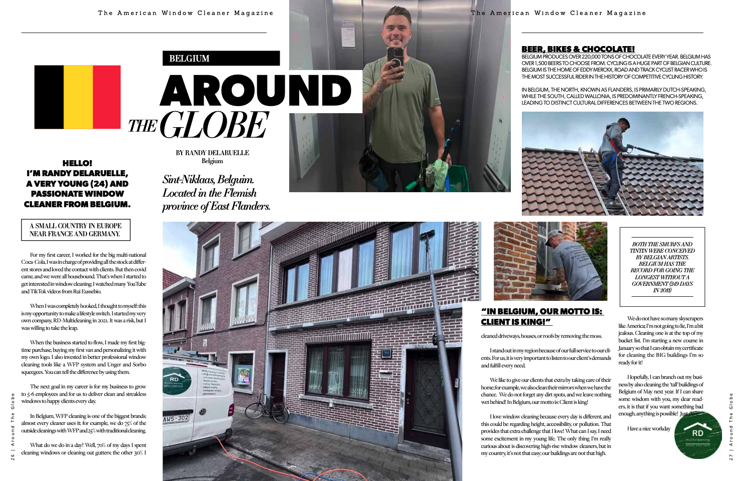 Dubbele pagina uit The American Window Cleaner Magazine met een artikel van Randy Delaruelle over glazenwassen in België.