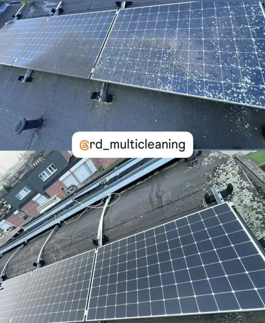 Voor en na: dronefoto van gereinigde zonnepanelen op plat dak