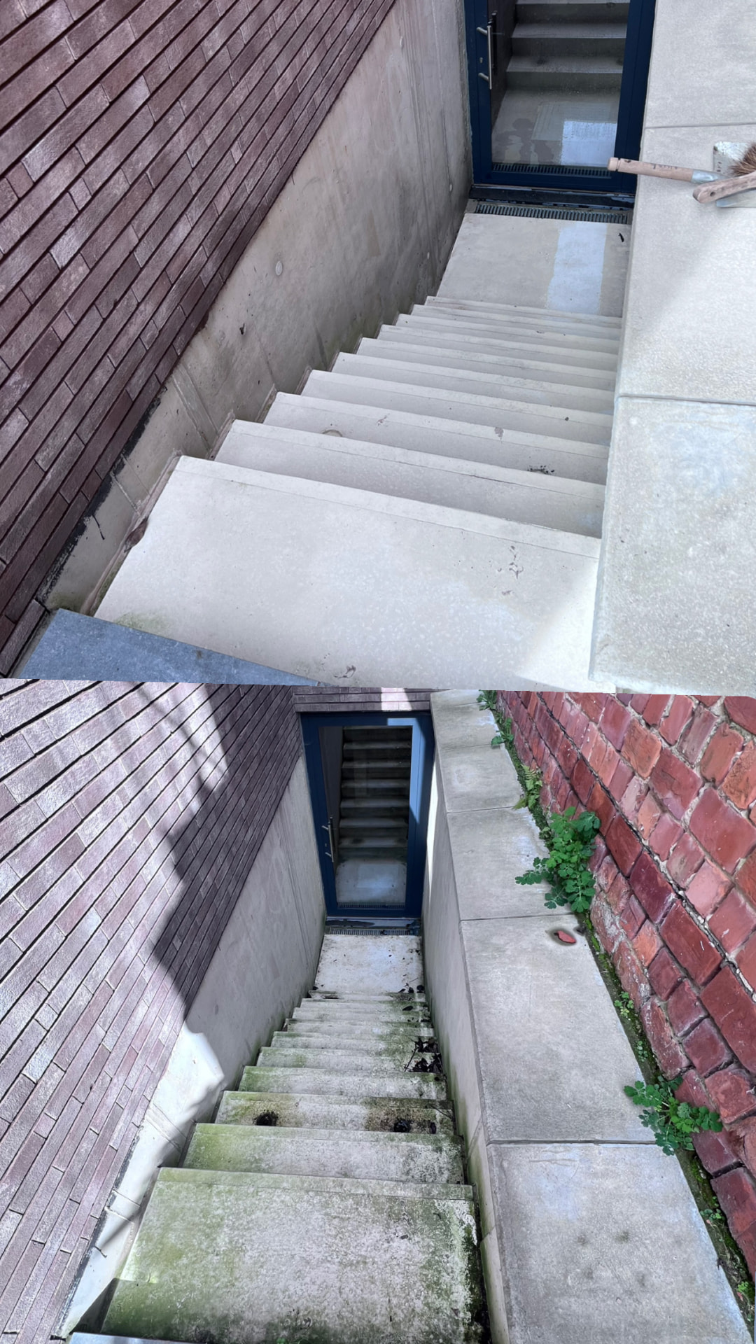Kelderingang met betontrap voor en na SoftWash